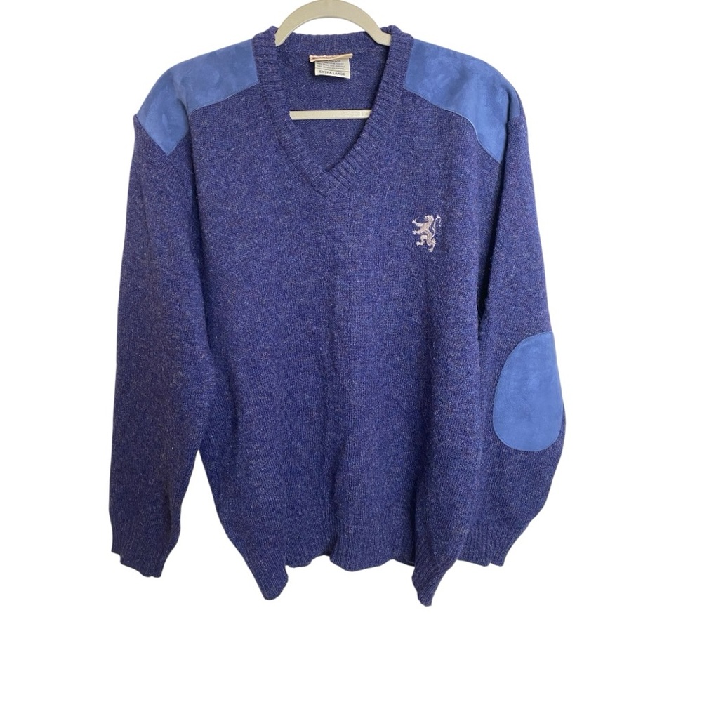 Classic Blue V-Neck Sweater with Suede Accents